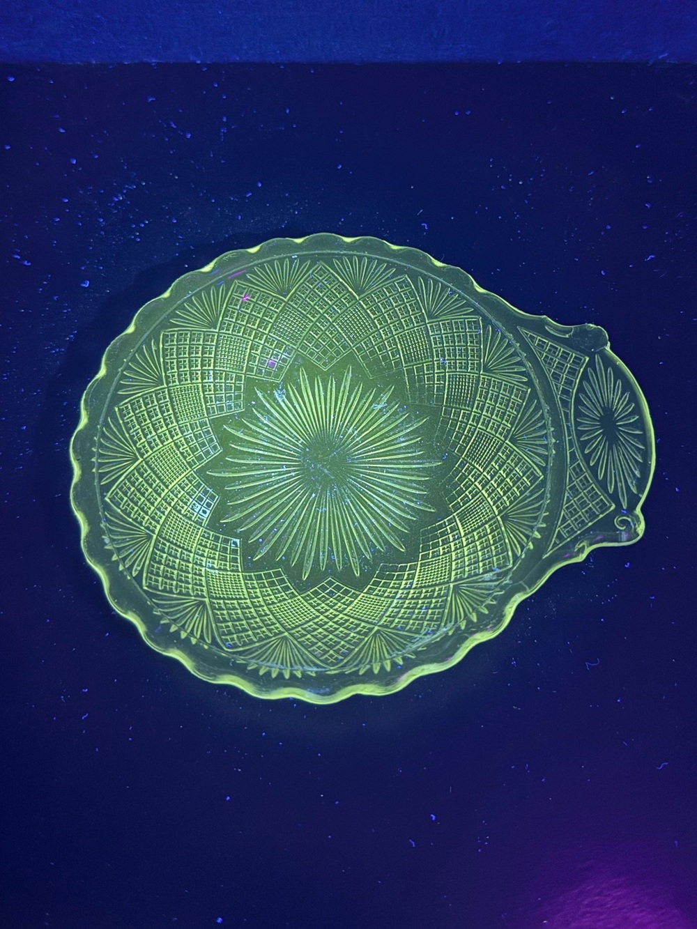 Vintage UV Reactive EAPG Intricate Design Glass Bowl With Thumb Handle